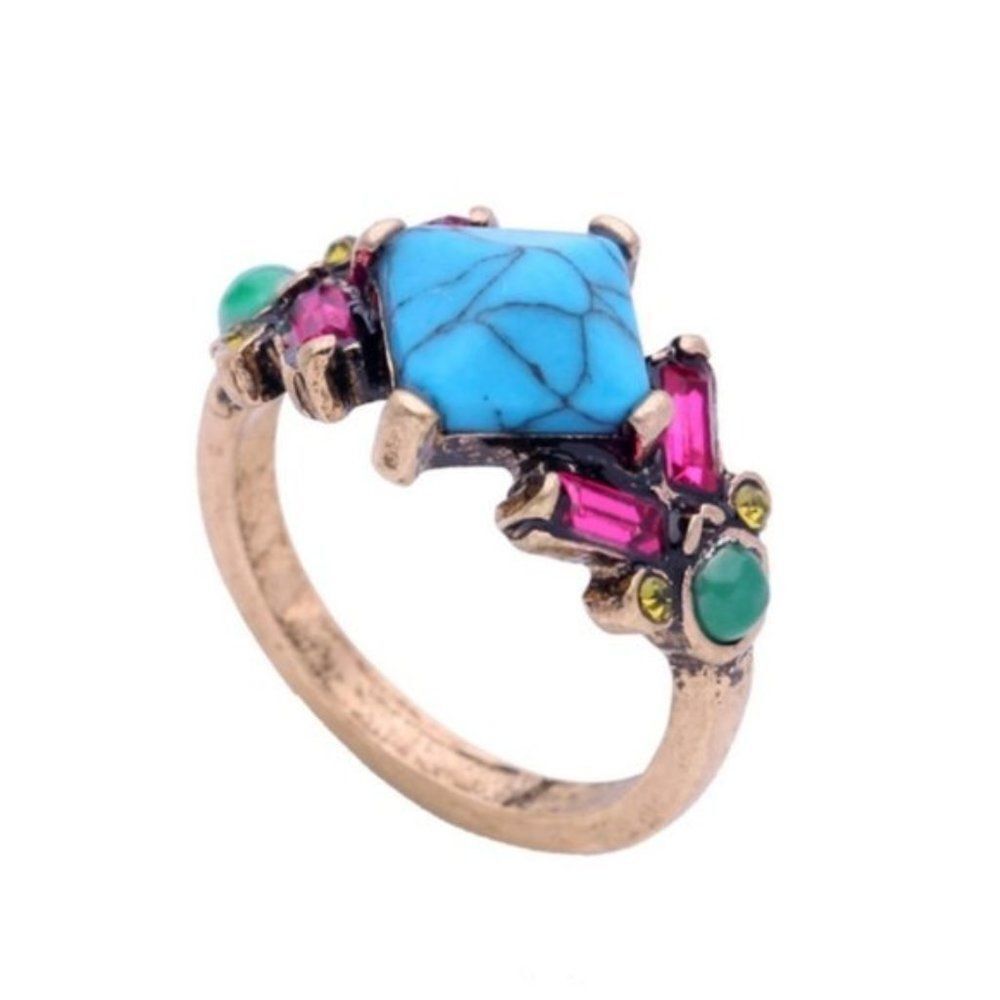 Blue Marble Rhinestone Crystal Vintage Gold Statement Ring